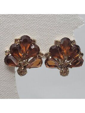 Vintage Gold Tone Clip-On Earrings With Amber Rhinestones And Floral Fan Design